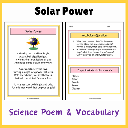 Solar Power | Science Poem Reading Comprehension Activity