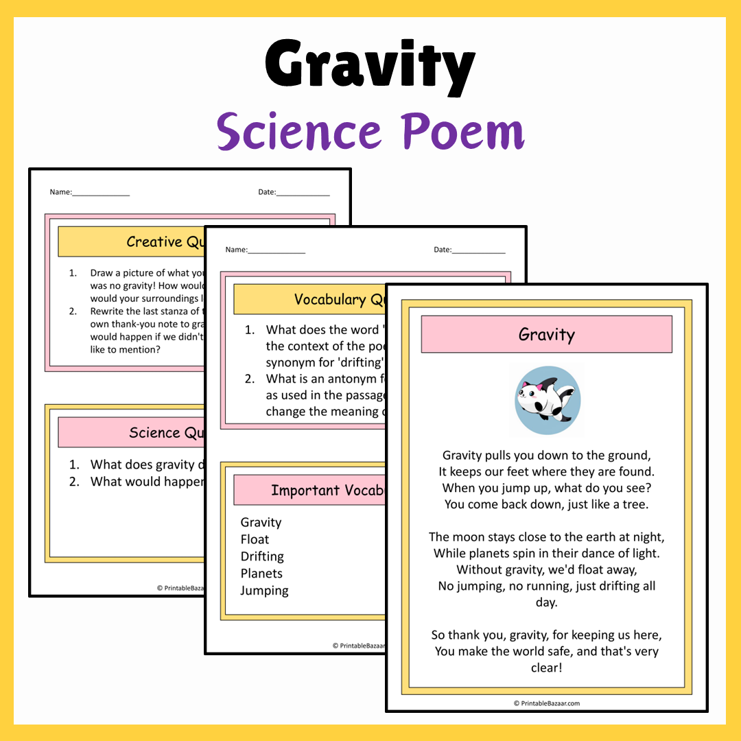 Gravity | Science Poem Reading Comprehension Activity