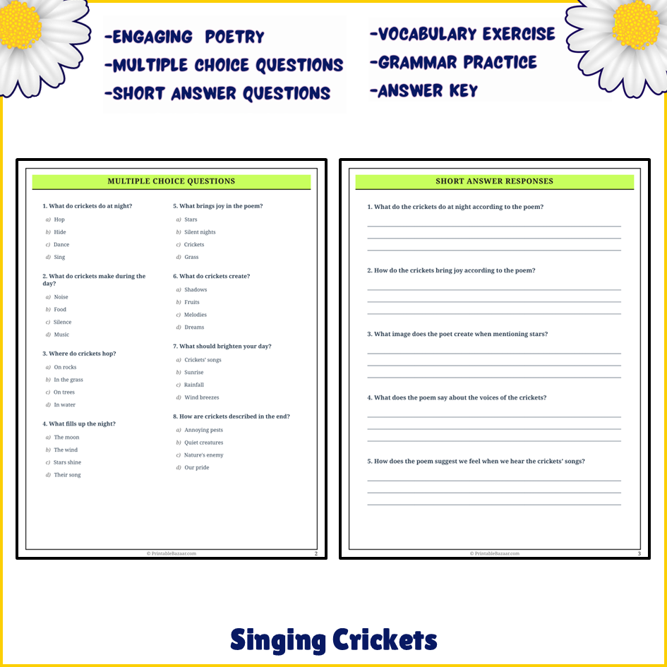 Singing Crickets | Poem Grammar Worksheet Printable Activity