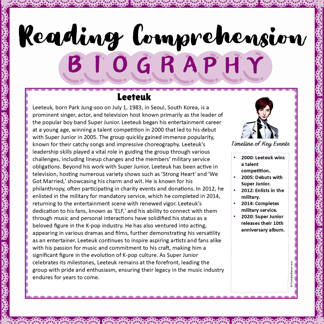 Leeteuk | Biography Reading Comprehension and Questions Worksheet