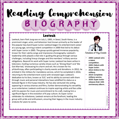 Leeteuk | Biography Reading Comprehension and Questions Worksheet
