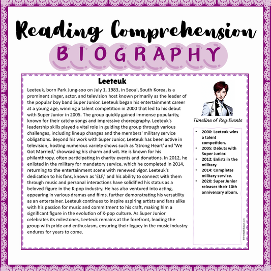 Leeteuk | Biography Reading Comprehension and Questions Worksheet