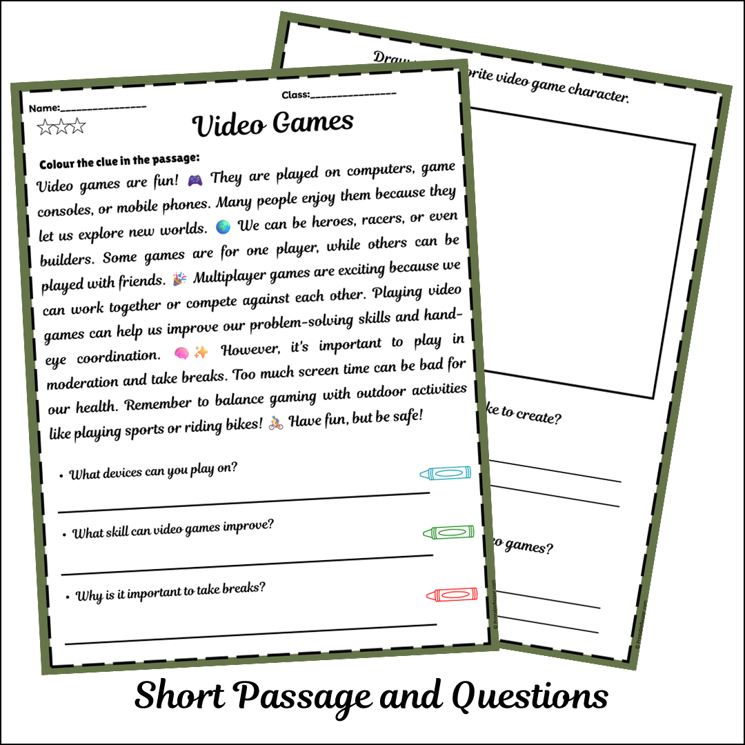 Video Games | Short Reading Comprehension Creative Worksheet