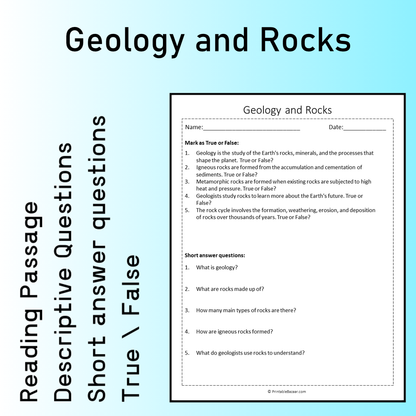 Geology and Rocks | Reading Comprehension Passage Printable Worksheet