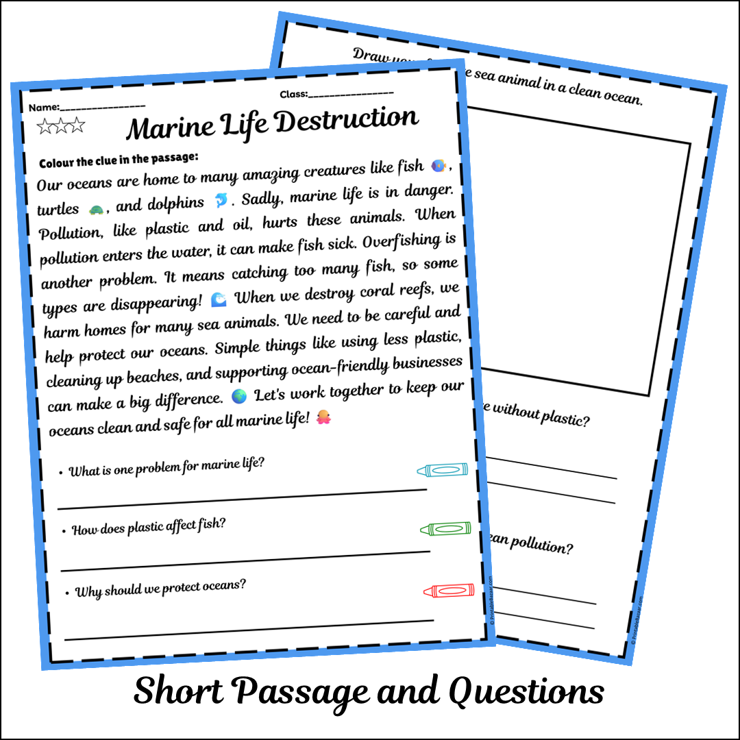 Marine Life Destruction | Short Reading Comprehension Creative Worksheet