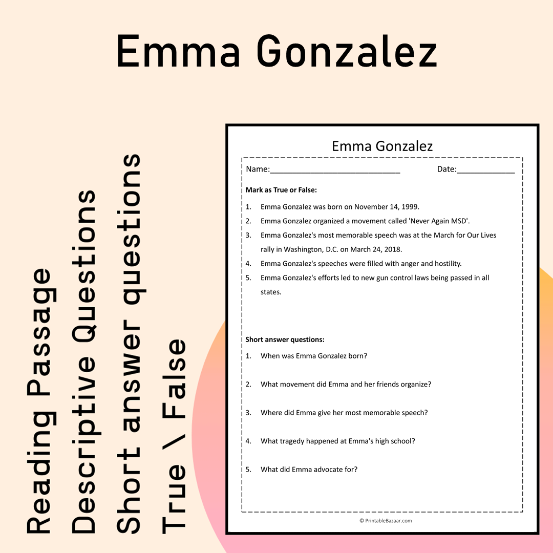 Emma Gonzalez | Reading Comprehension Passage Printable Activity