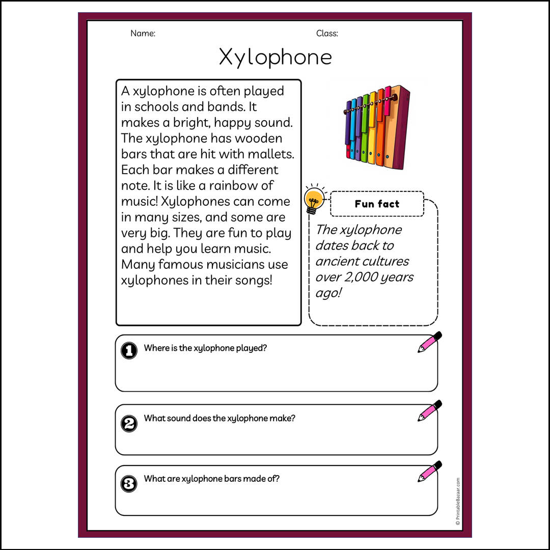 Xylophone | Reading Passage Comprehension Questions Writing Facts Worksheet