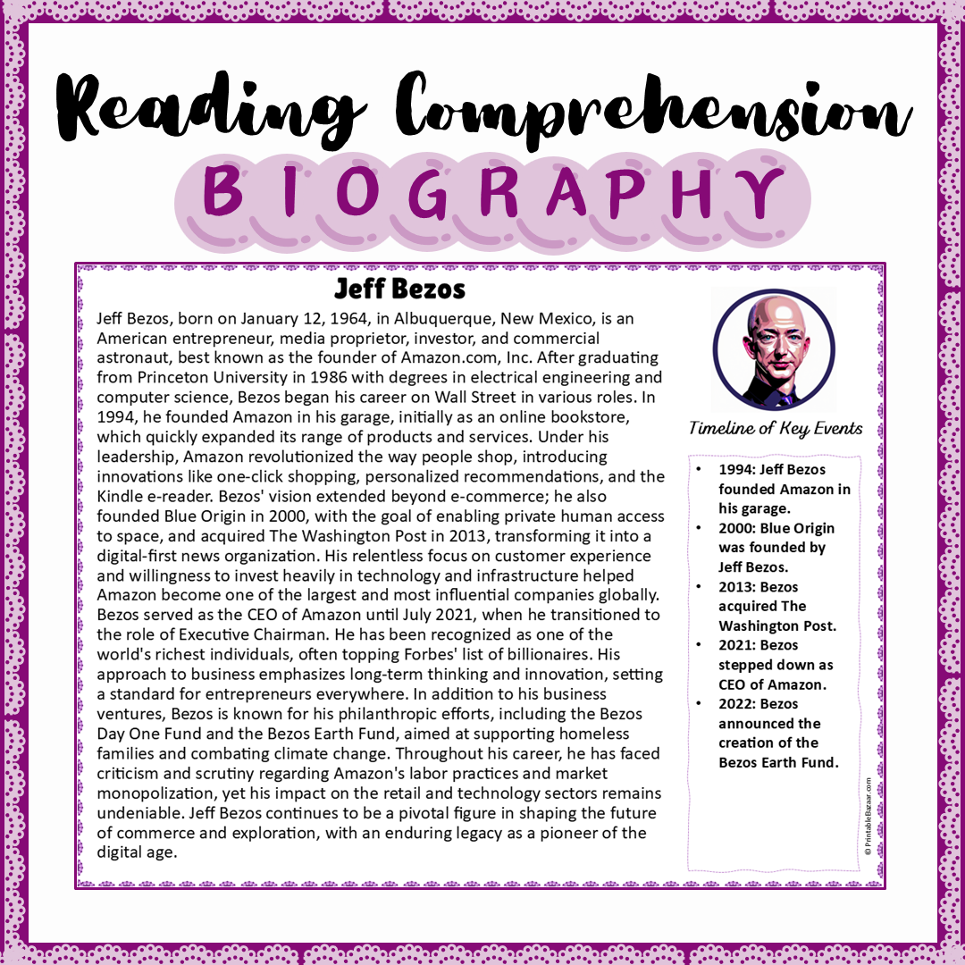 Jeff Bezos | Biography Reading Comprehension and Questions Worksheet