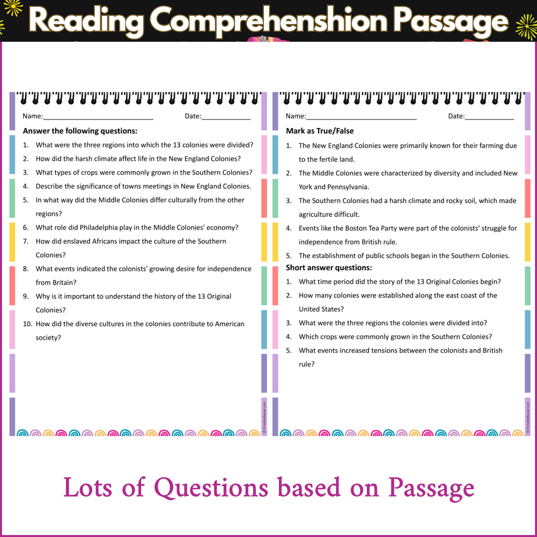 13 Original Colonies | Reading Comprehension Passage and Questions