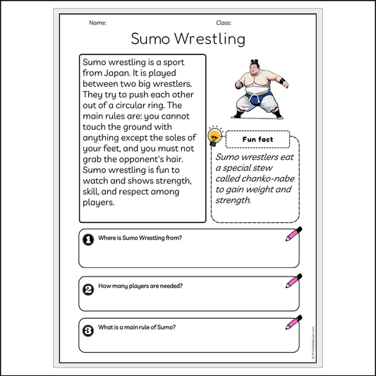 Sumo Wrestling | Reading Passage Comprehension Questions Writing Facts Worksheet