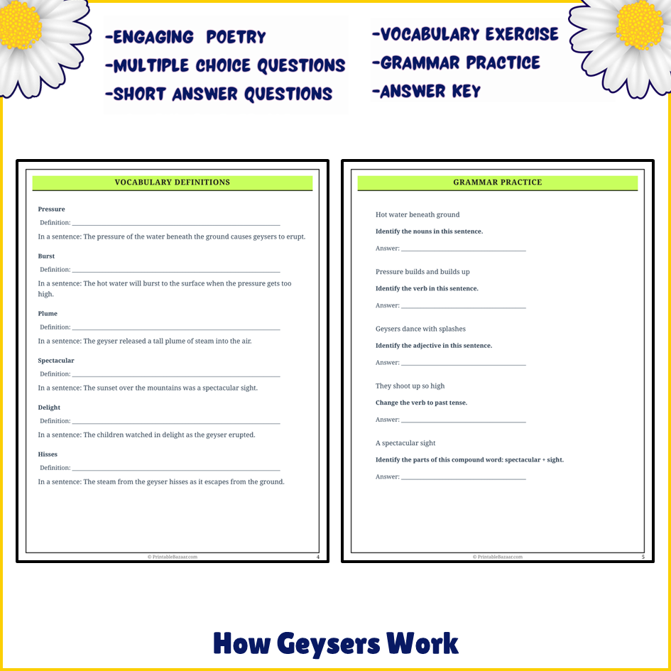 How Geysers Work | Poem Grammar Worksheet Printable Activity