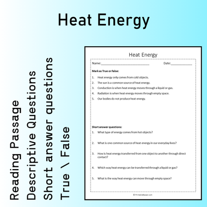 Heat Energy | Reading Comprehension Passage Printable Worksheet