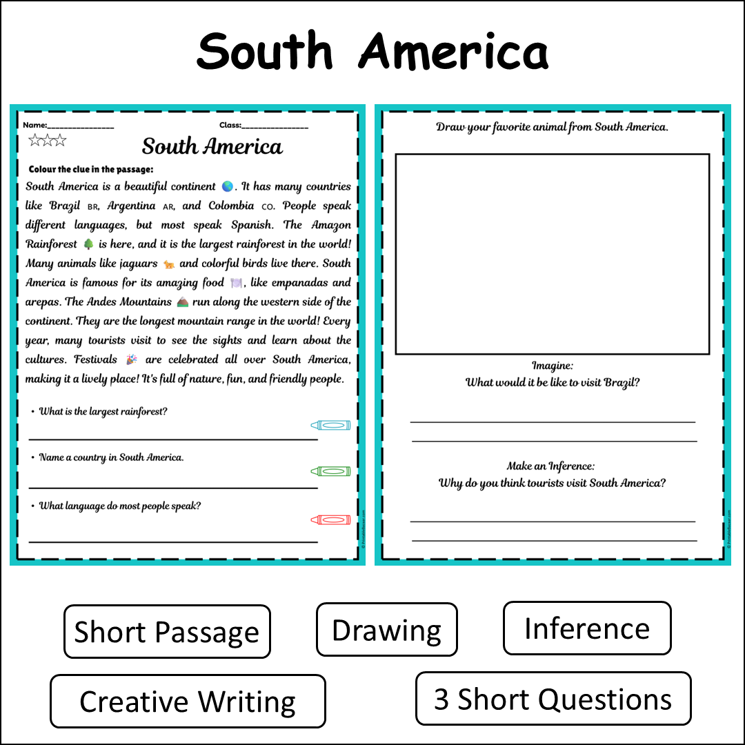 South America | Short Reading Comprehension Creative Worksheet