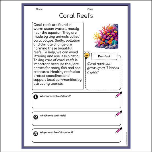 Coral Reefs | Reading Passage Comprehension Questions Writing Facts Worksheet