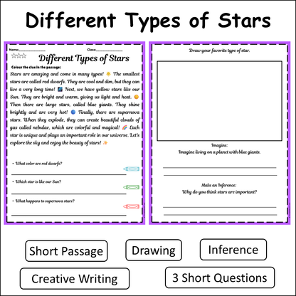 Different Types of Stars | Short Reading Comprehension Creative Worksheet