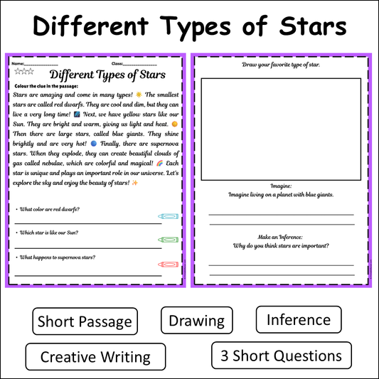 Different Types of Stars | Short Reading Comprehension Creative Worksheet