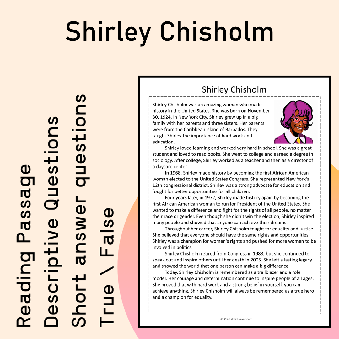 Shirley Chisholm | Reading Comprehension Passage Printable Activity