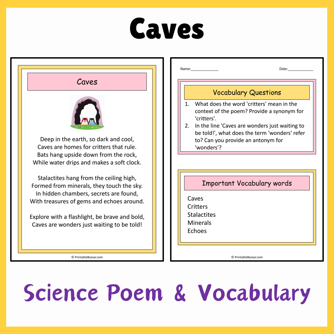 Caves | Science Poem Reading Comprehension Activity