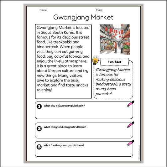 Gwangjang Market | Reading Passage Comprehension Questions Writing Facts Worksheet
