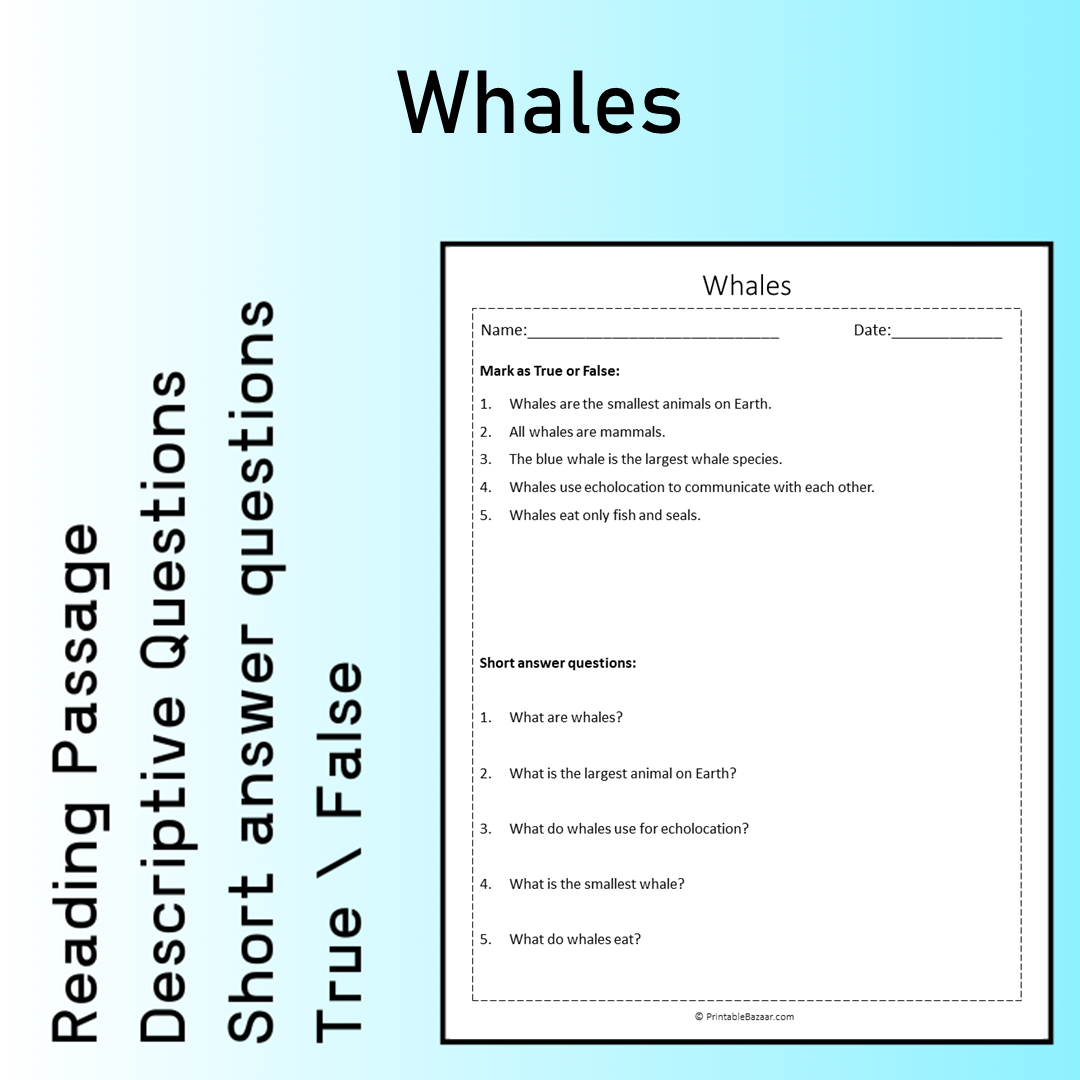 Whales | Reading Comprehension Passage Printable Worksheet