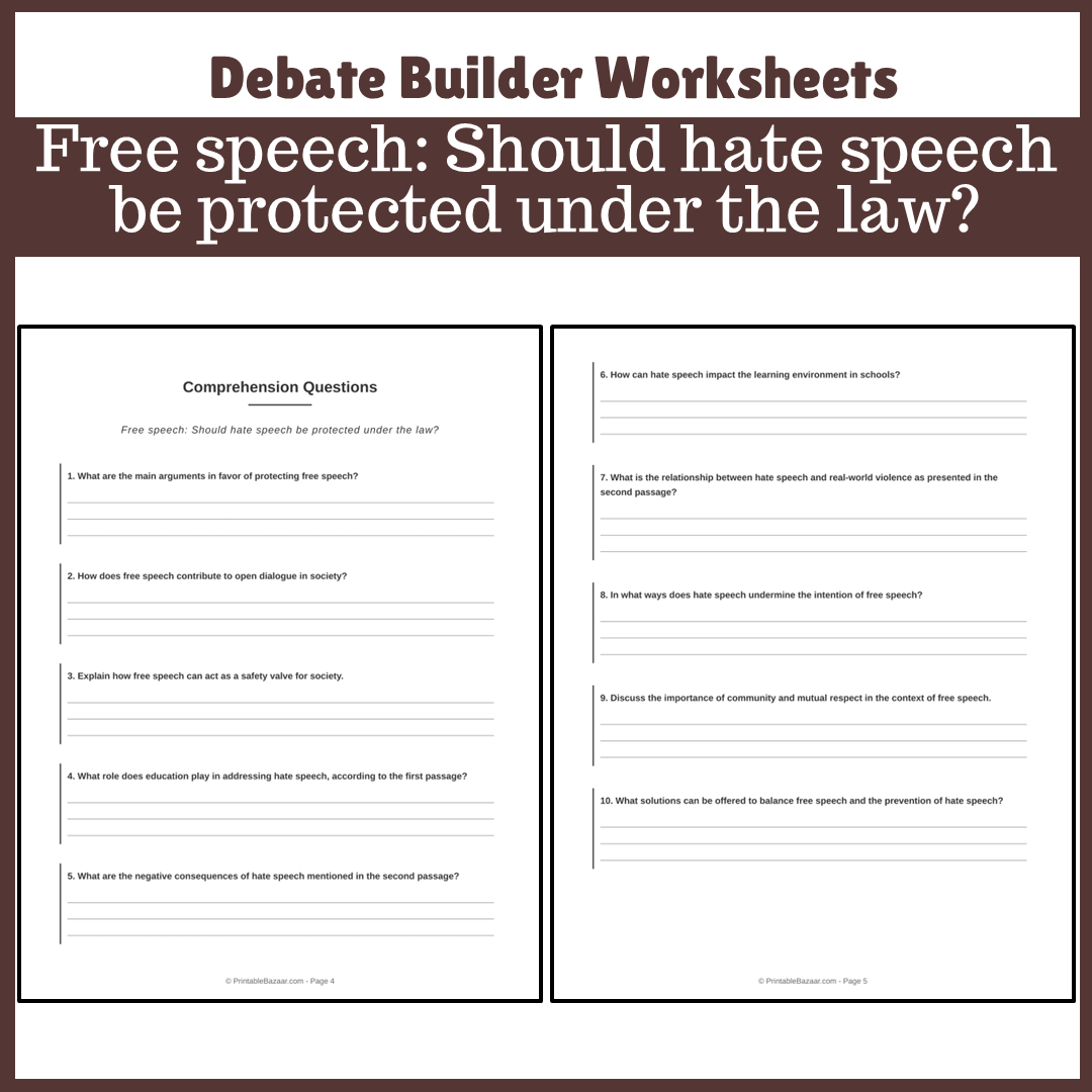 Free speech: Should hate speech be protected under the law? | Favour and Against Worksheet Printable Activity