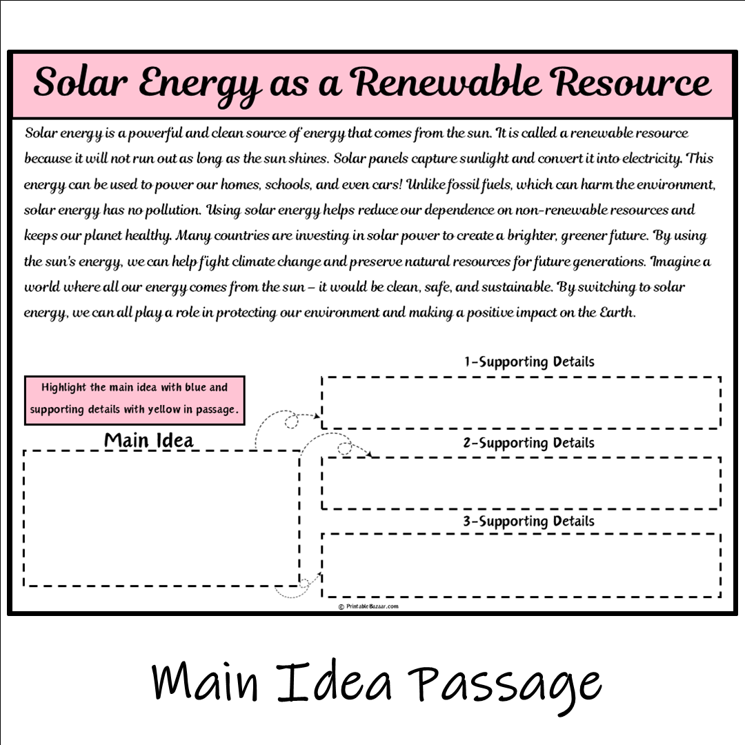 Solar Energy as a Renewable Resource | Main Idea and Supporting Details Reading Passage and Questions