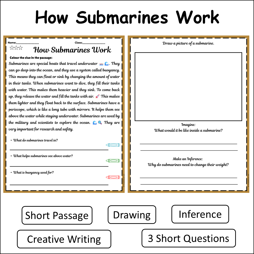 How Submarines Work | Short Reading Comprehension Creative Worksheet