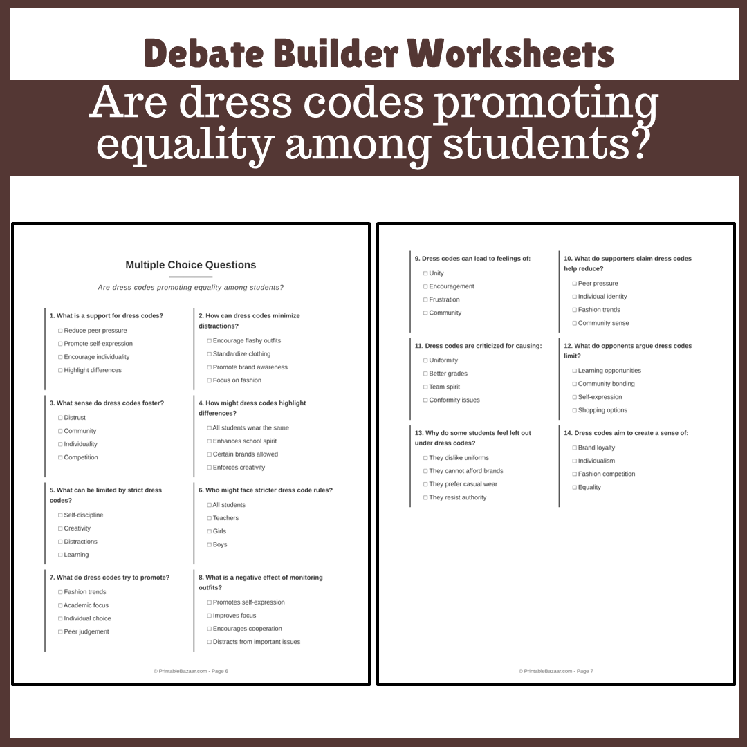 Are dress codes promoting equality among students? | Favour and Against Worksheet Printable Activity
