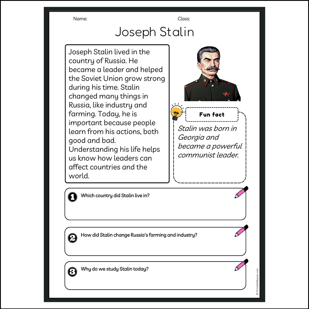 Joseph Stalin | Reading Passage Comprehension Questions Writing Facts Worksheet