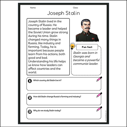 Joseph Stalin | Reading Passage Comprehension Questions Writing Facts Worksheet