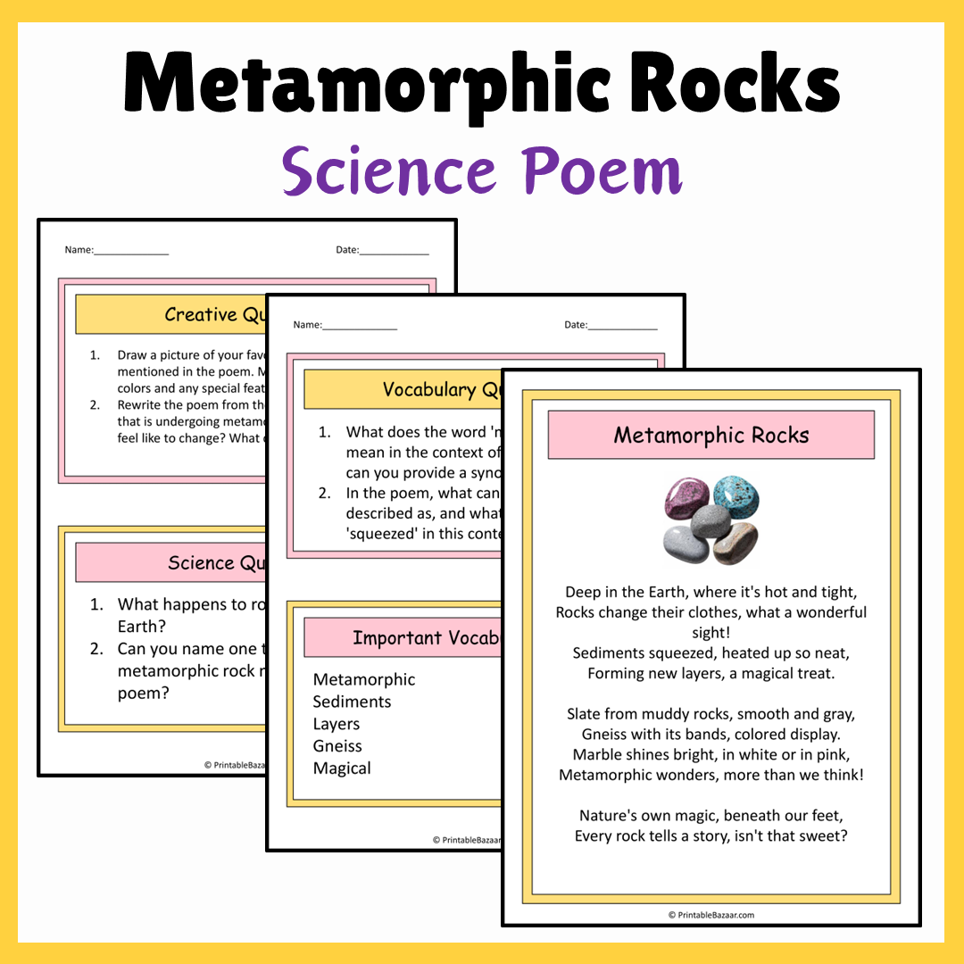 Metamorphic Rocks | Science Poem Reading Comprehension Activity