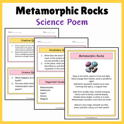 Metamorphic Rocks | Science Poem Reading Comprehension Activity