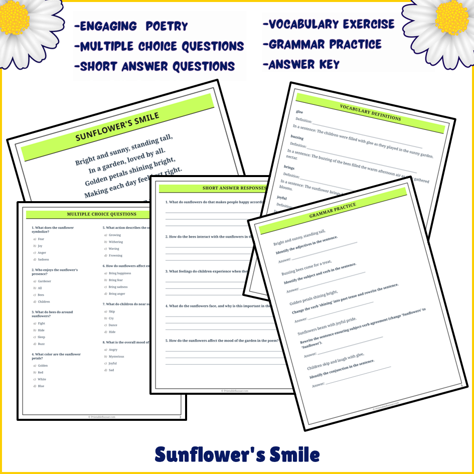 Sunflower's Smile | Poem Grammar Worksheet Printable Activity