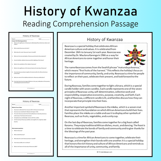 History of Kwanzaa | Reading Comprehension Passage Printable Worksheet