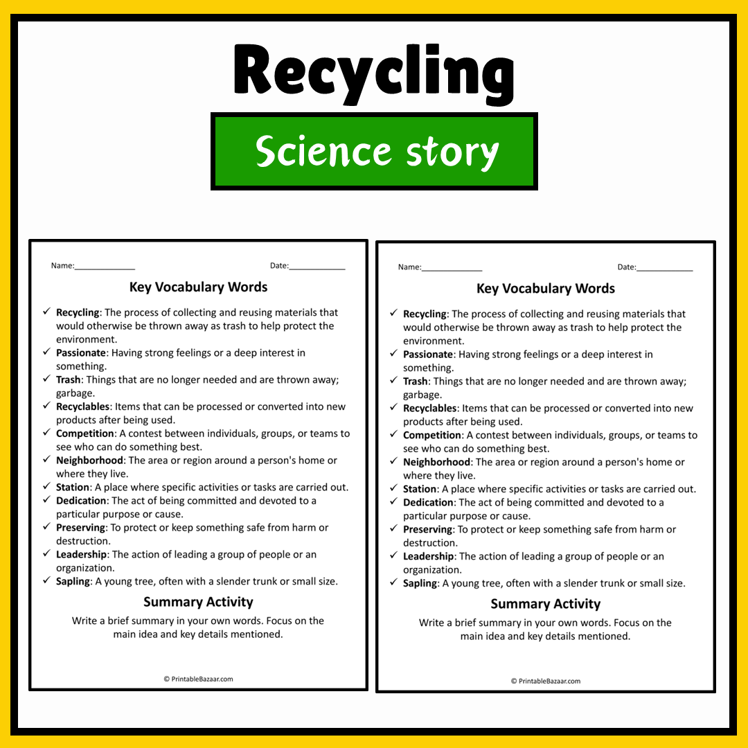 Recycling | Science Story Reading Comprehension Activity