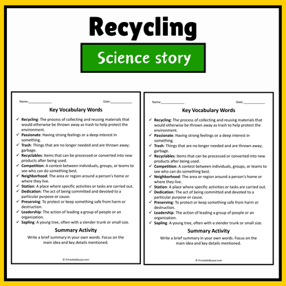 Recycling | Science Story Reading Comprehension Activity