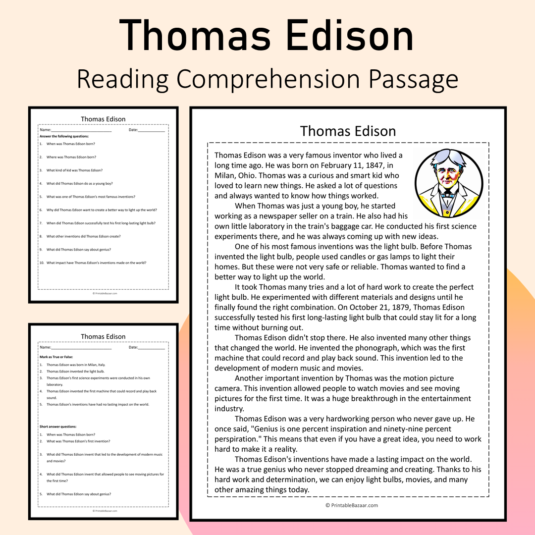 Thomas Edison | Reading Comprehension Passage Printable Activity