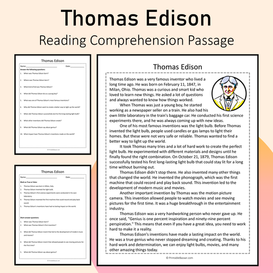 Thomas Edison | Reading Comprehension Passage Printable Activity