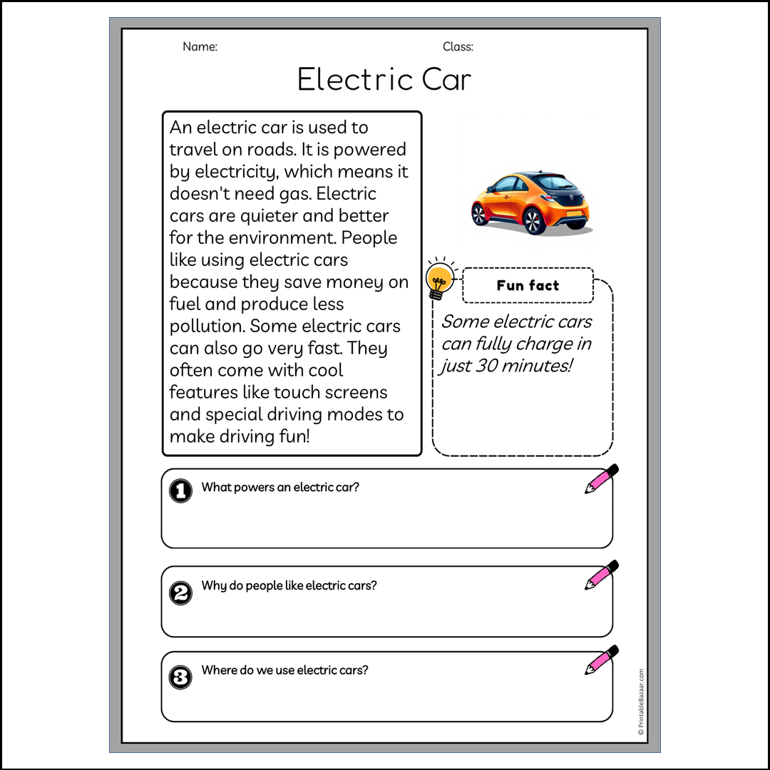 Electric Car | Reading Passage Comprehension Questions Writing Facts Worksheet