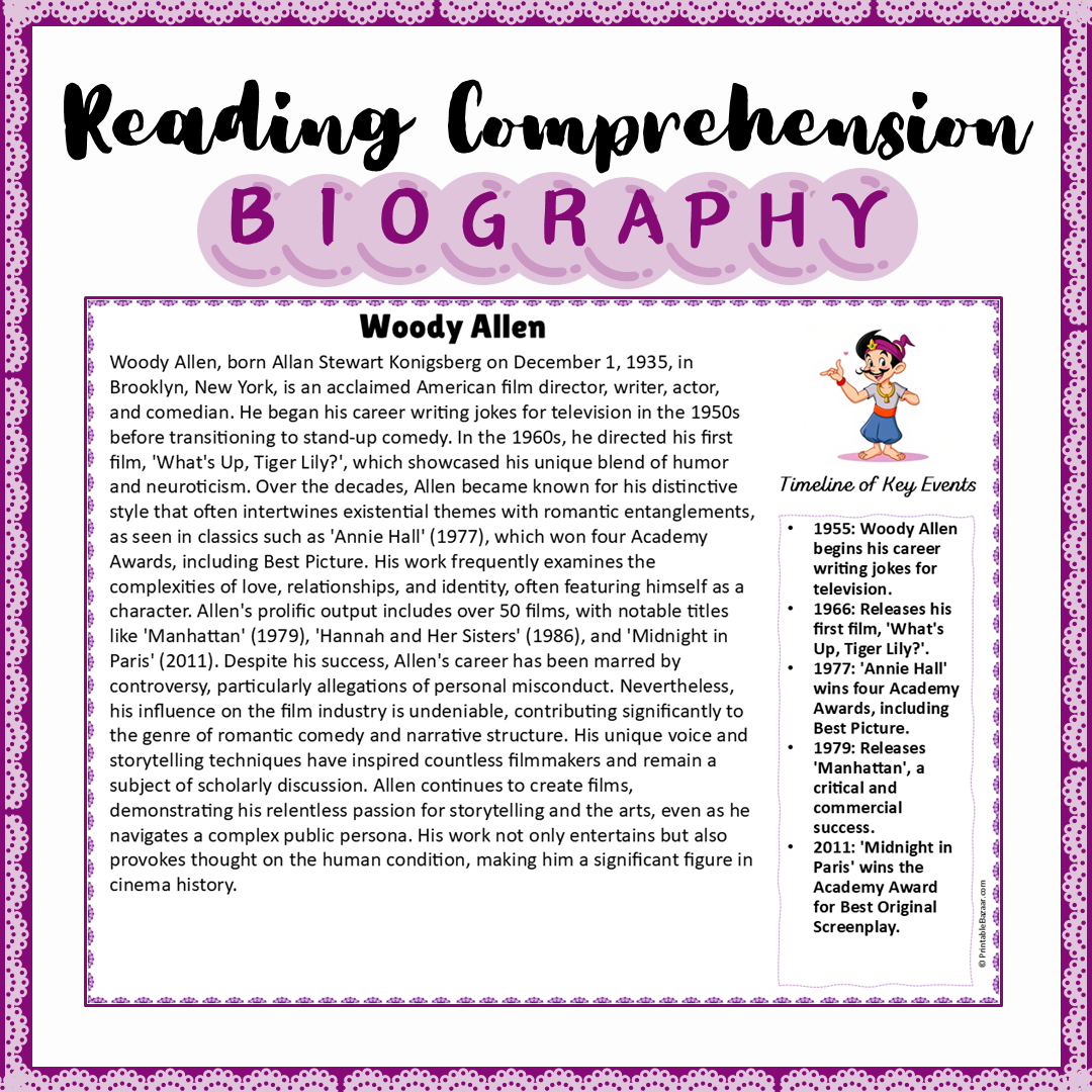 Woody Allen | Biography Reading Comprehension and Questions Worksheet