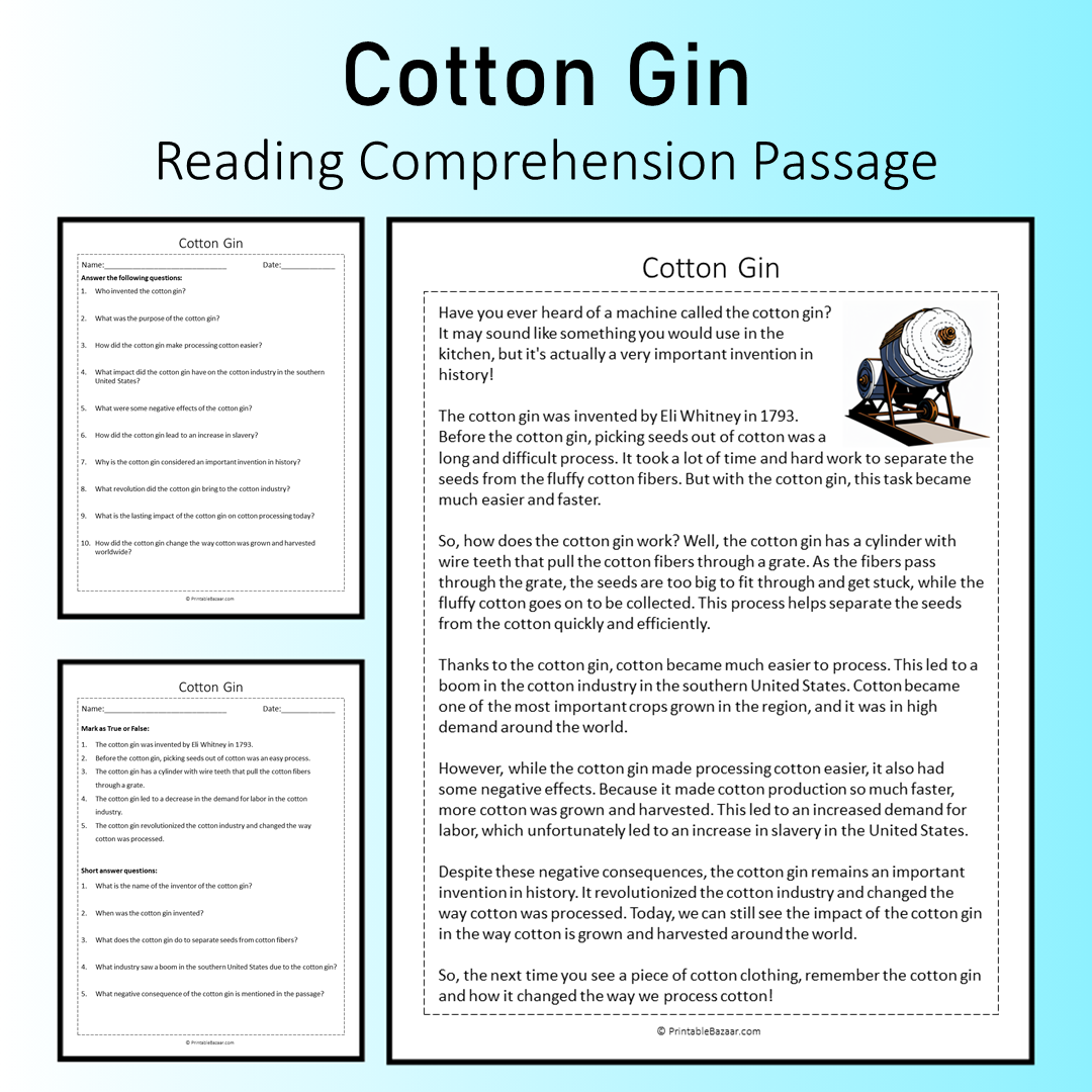 Cotton Gin | Reading Comprehension Passage Printable Worksheet