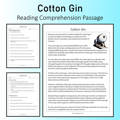 Cotton Gin | Reading Comprehension Passage Printable Worksheet