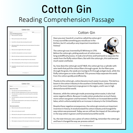 Cotton Gin | Reading Comprehension Passage Printable Worksheet