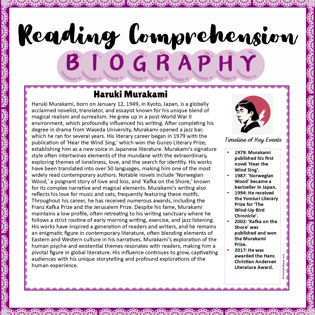 Haruki Murakami | Biography Reading Comprehension and Questions Worksheet