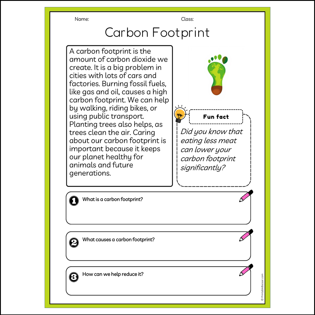 Carbon Footprint | Reading Passage Comprehension Questions Writing Facts Worksheet