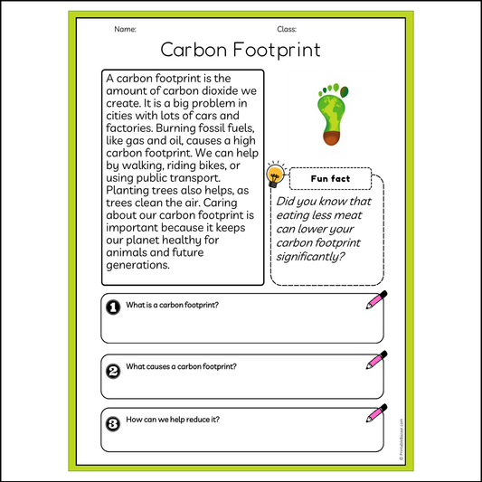 Carbon Footprint | Reading Passage Comprehension Questions Writing Facts Worksheet