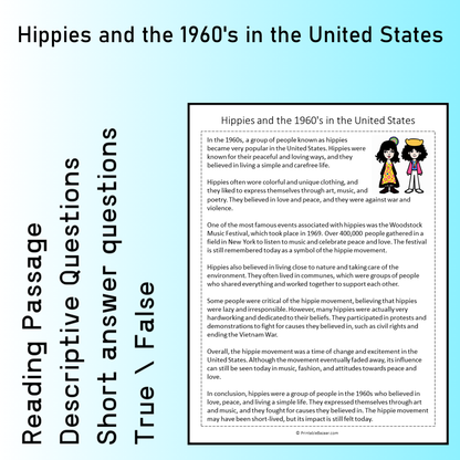 Hippies and the 1960's in the United States | Reading Comprehension Passage Printable Worksheet