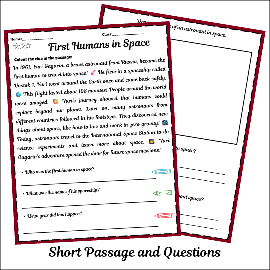 First Humans in Space | Short Reading Comprehension Creative Worksheet