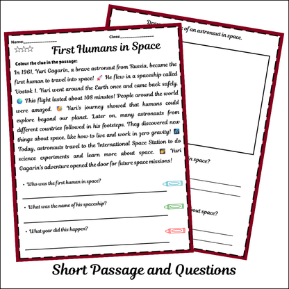 First Humans in Space | Short Reading Comprehension Creative Worksheet