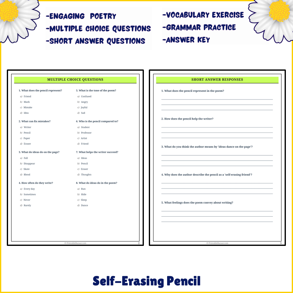 Self-Erasing Pencil | Poem Grammar Worksheet Printable Activity